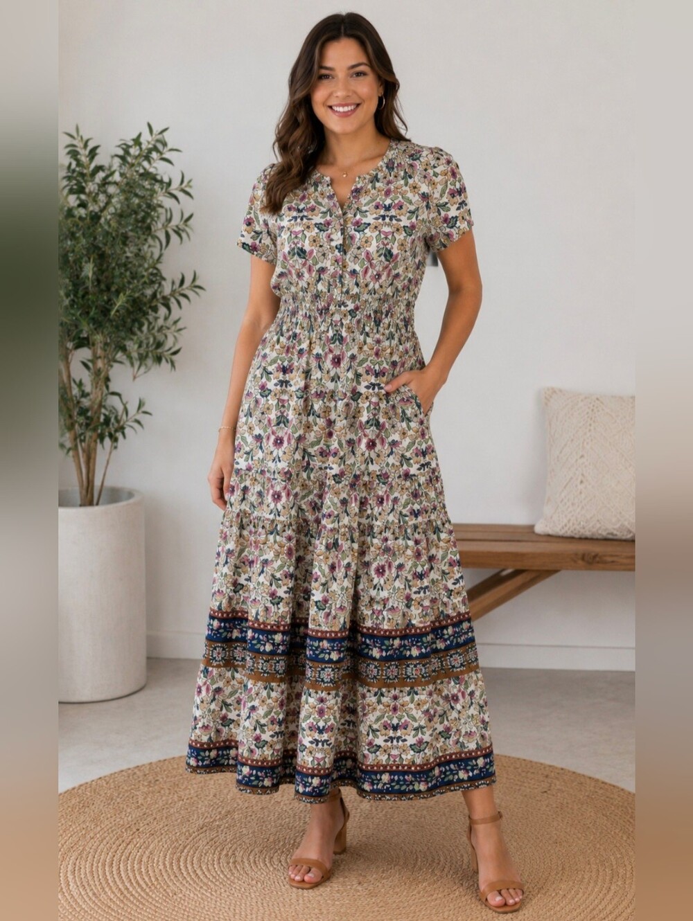 Cinthya Rowley Floral Tiered Maxi Dress in Cream and Navy Size XL NWT